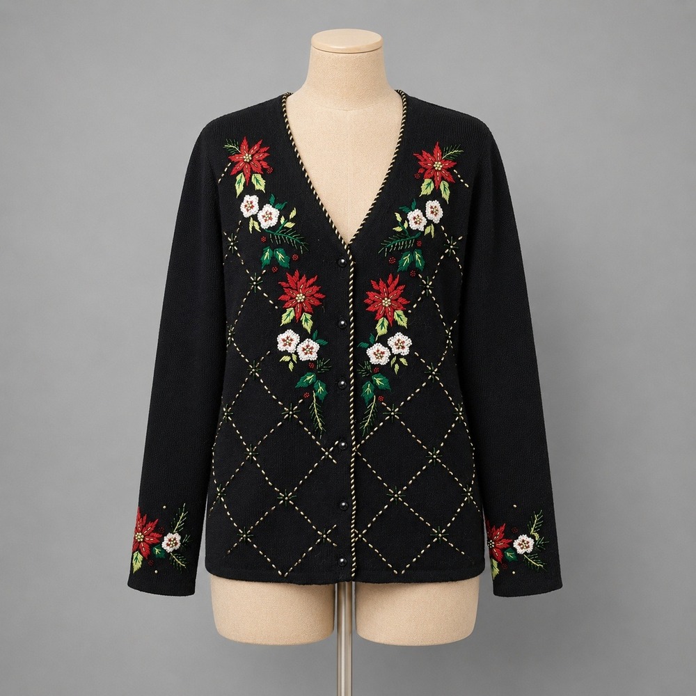 Vintage Floral Beaded Poinsettia Button‎ Cardigan Size M Ugly Sweater Christmas